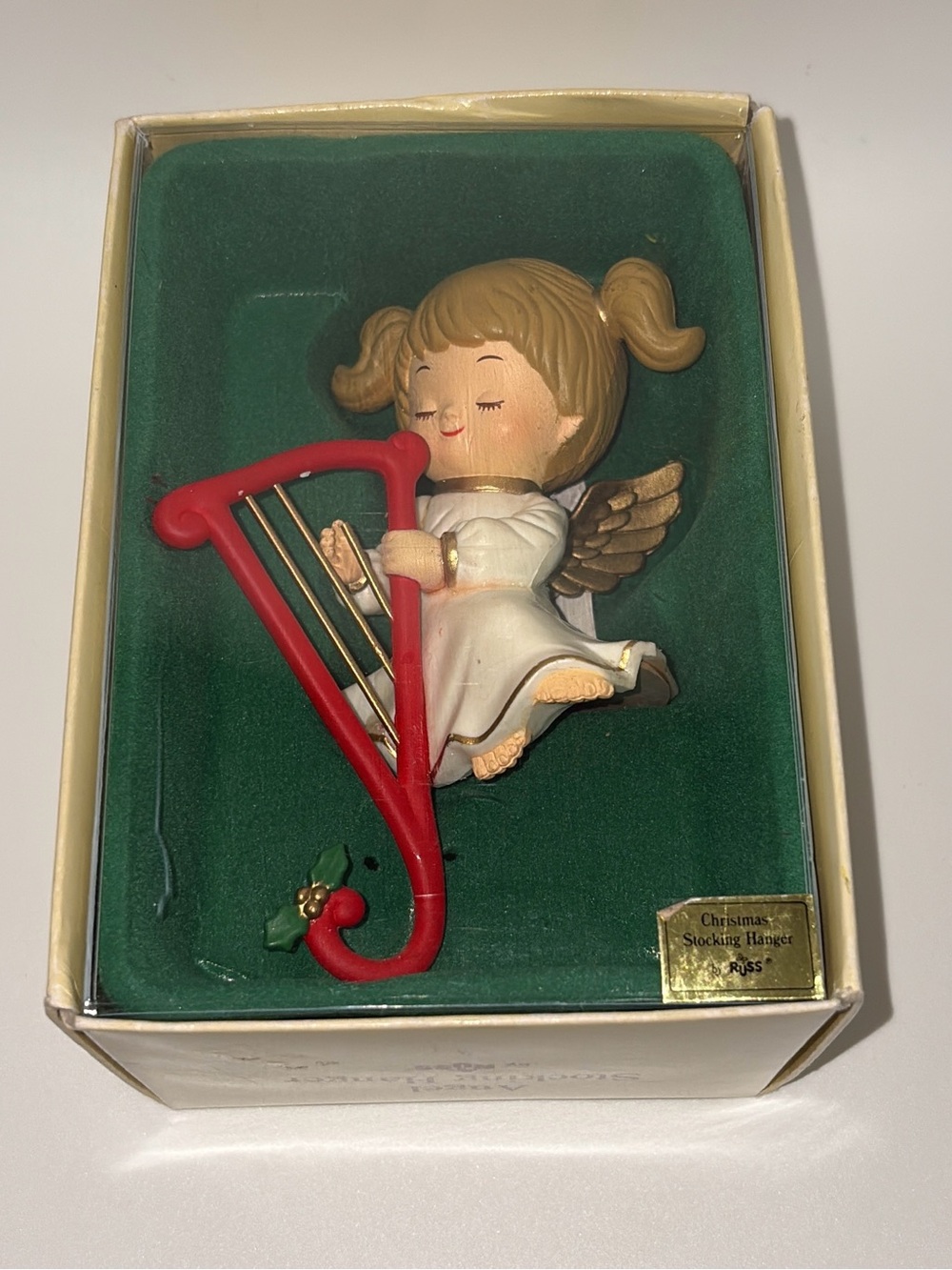 Vintage Angel Stocking Hanger Harp 4661 Christmas Mantel Decor w/ Original Box